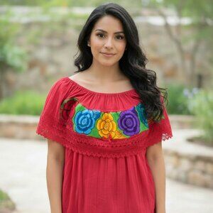 Share Red Campesina Mexican Blouse Embroidered Shirt Flowers Off Shoulder One